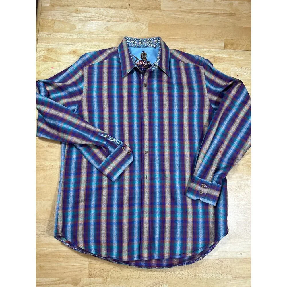 Robert Graham Purple Beige Plaid Men's Long Sleeve Button Down Shirt Size M